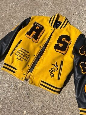 Men’s Yellow & Black Varsity Letterman Jacket with Appliqué Patches